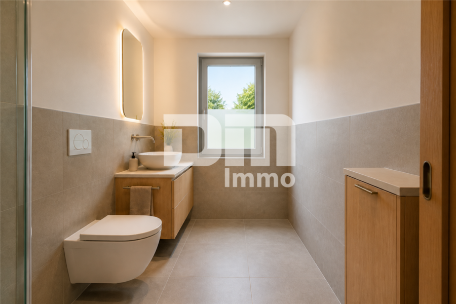 Moderne 2-Zi-Wohnung KFW55 in barrierefreiem Neubauprojekt mit Terrasse/Balkon + Abstellraum - Bad Dusche ebenerdig Designbeispiel